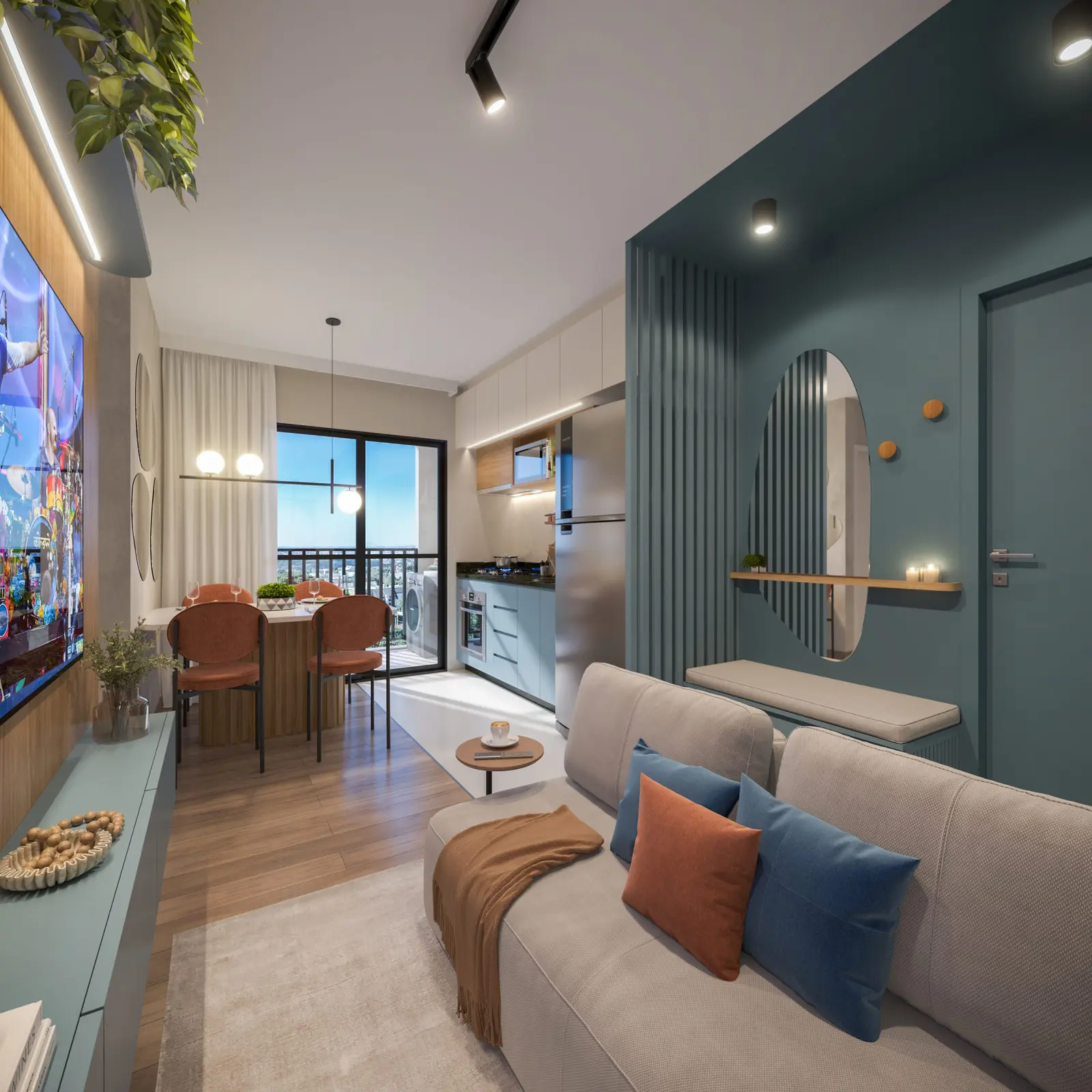 Perspectiva da sala de estar do apartamento Vivere Uno