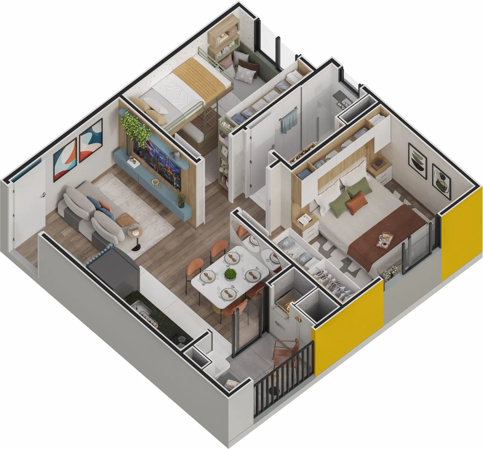 Vista isométrica da distribuição dos ambientes do apartamento