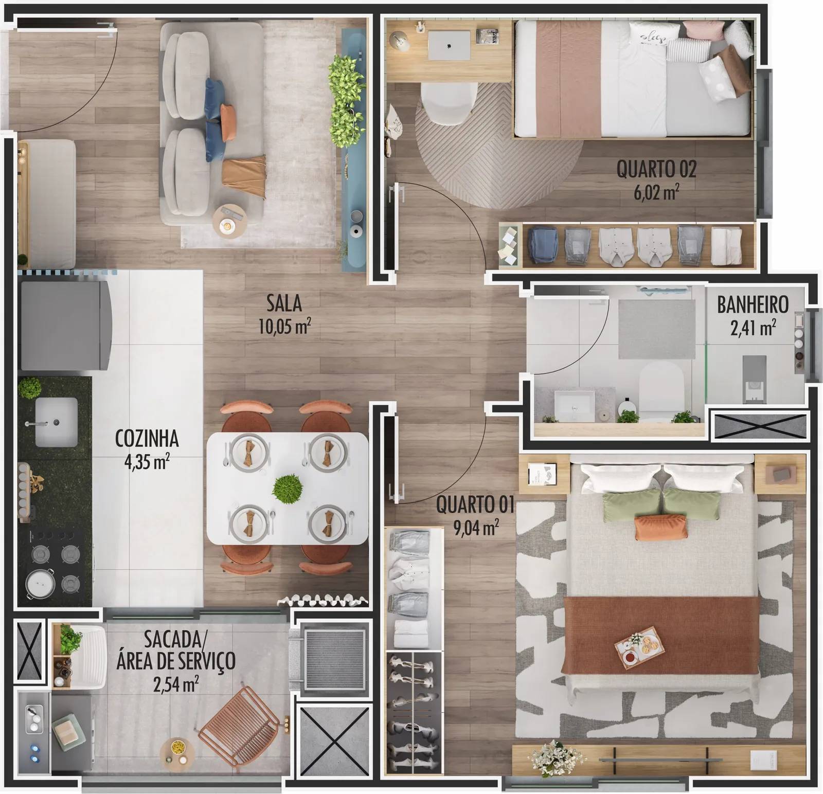 Planta humanizada do apartamento de 40,01 m² do Vivere Uno